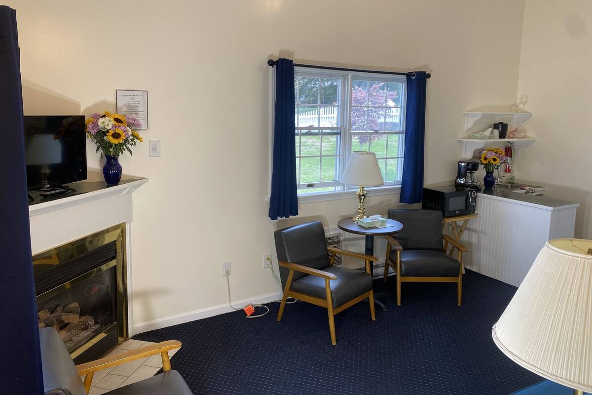 A room with a fireplace, a TV, a dining table with chairs, a window with curtains, and a kitchen area with a coffee maker and a vase of flowers.