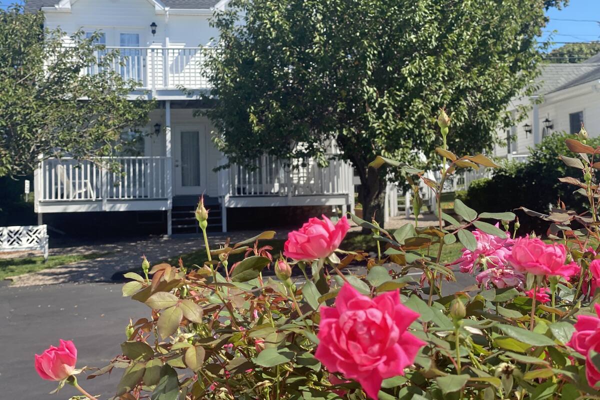 A white house with a balcony and a tree in the foreground.