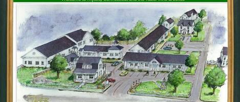Une peinture à l’aquarelle représentant un quartier résidentiel avec des maisons, une église et une route.