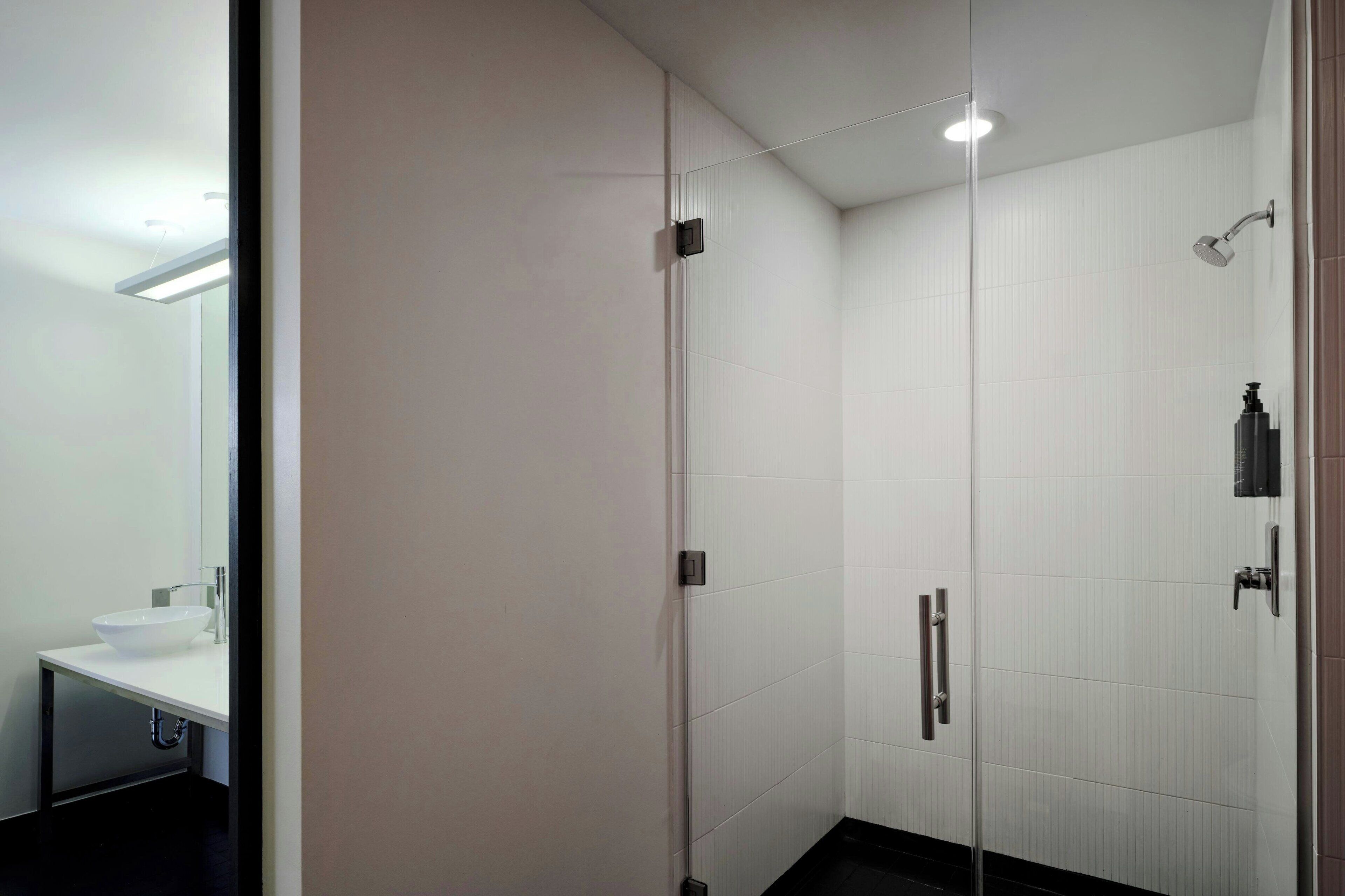 A modern bathroom with a glass shower enclosure, a white sink, and a mirror.