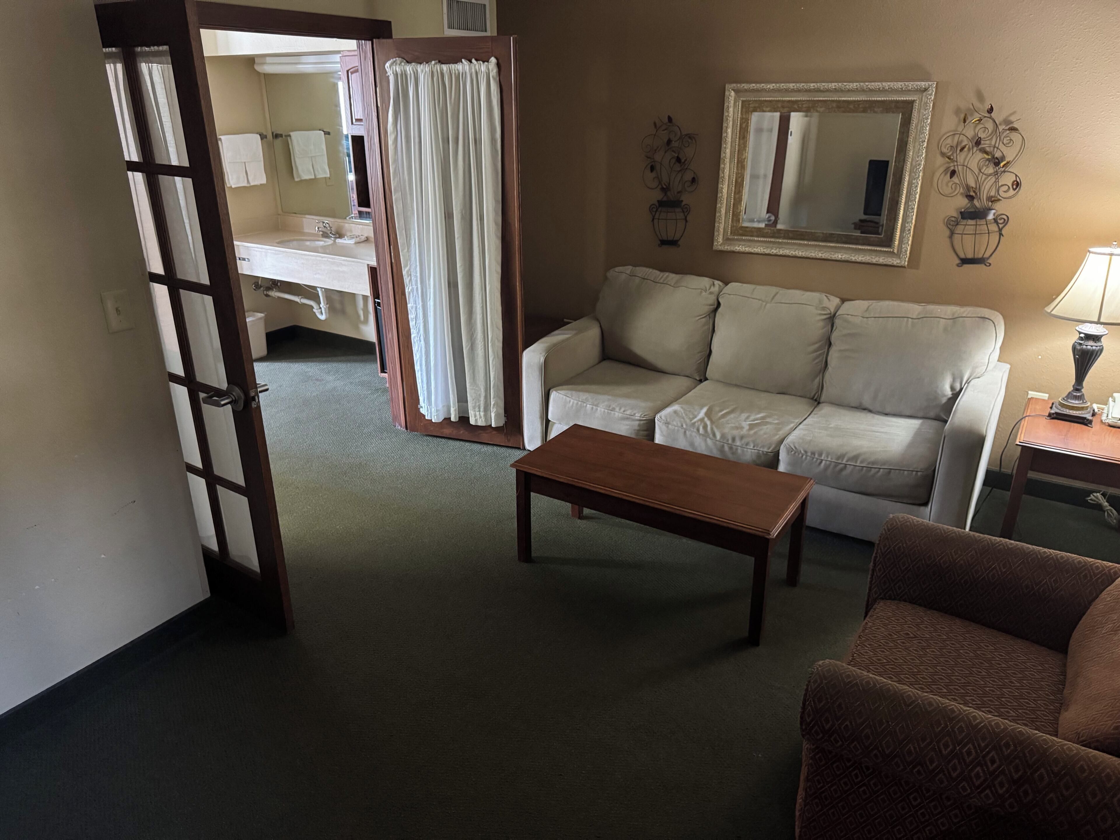 1 King Bed, Mobility Accessible Suite, Roll-In Shower, Non-Smoking | Oppholdsområde | En 32-tommers LCD-TV med kabel-kanaler samt TV og DVD-spiller