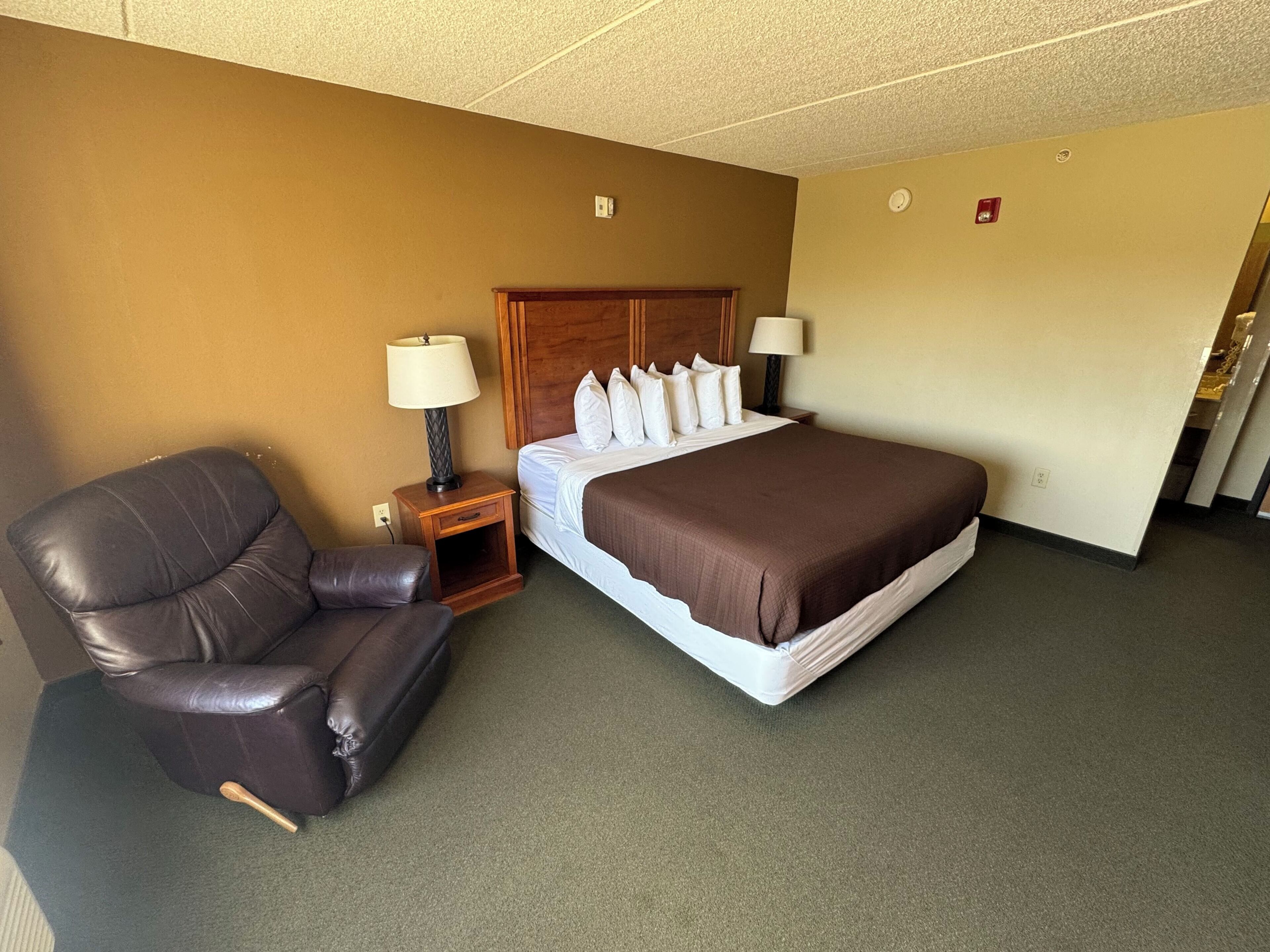 Une chambre d’hôtel avec un lit, un fauteuil en cuir, deux tables de chevet avec des lampes et un sol recouvert de moquette.