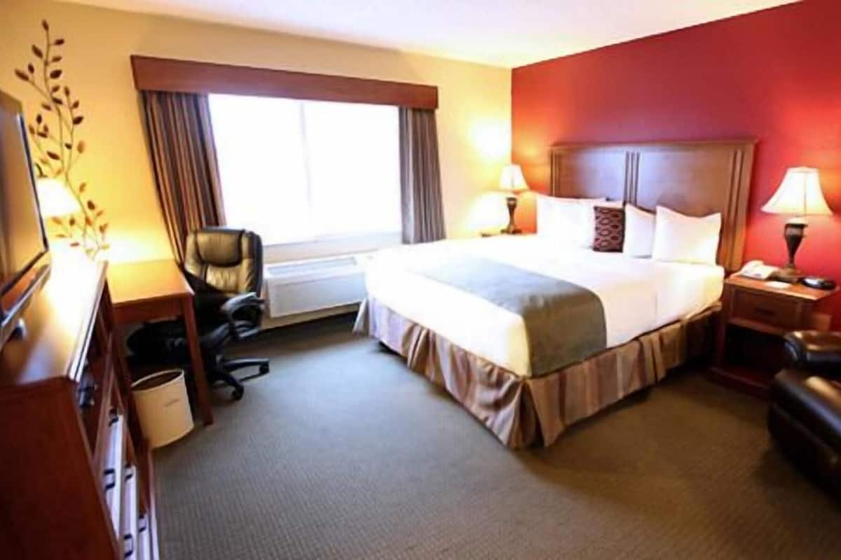 A hotel room with a bed, a desk, a chair, and a window with curtains.