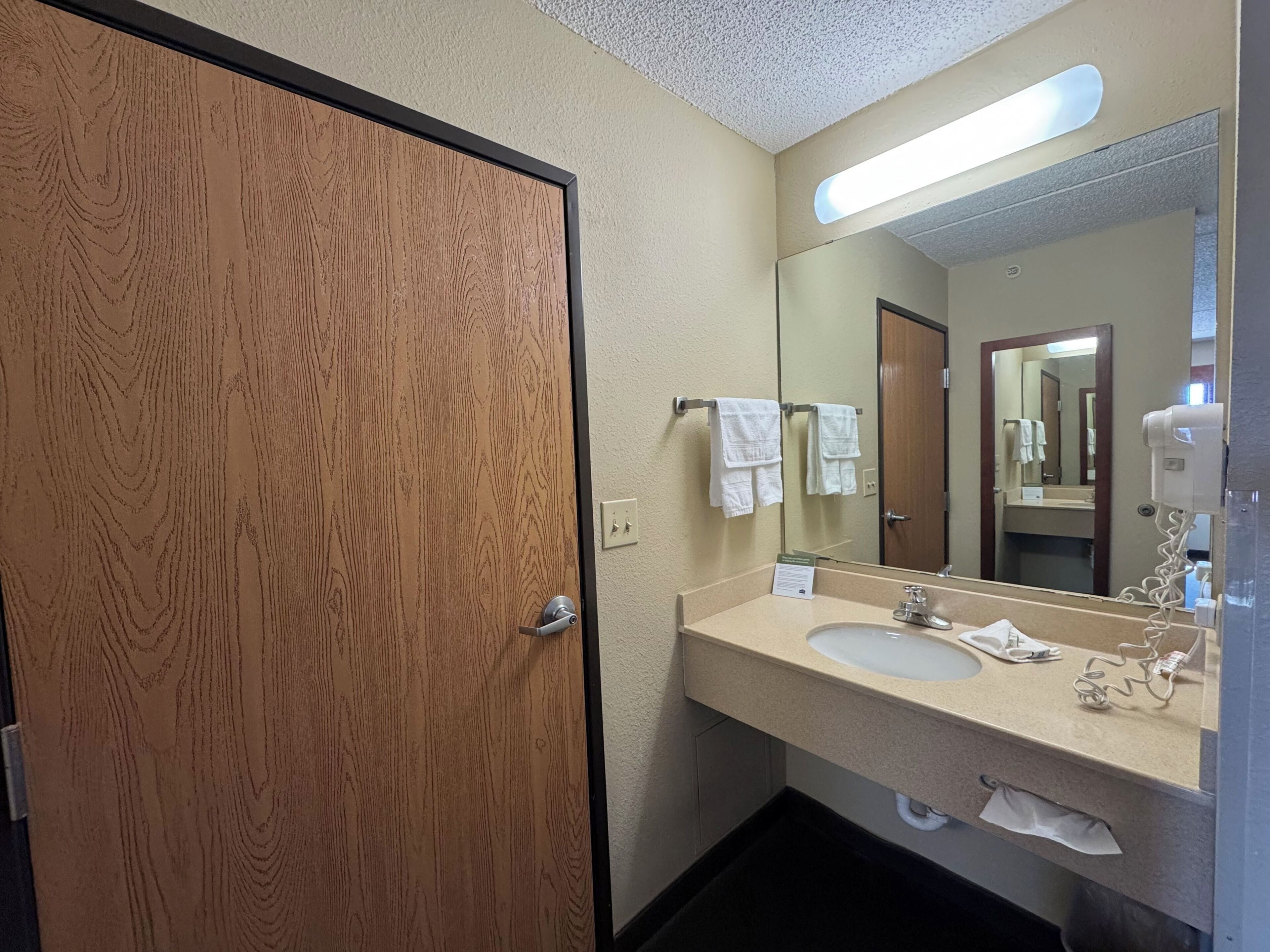 Une salle de bain d’hôtel avec une porte en bois, un lavabo, un miroir et un sèche-cheveux.