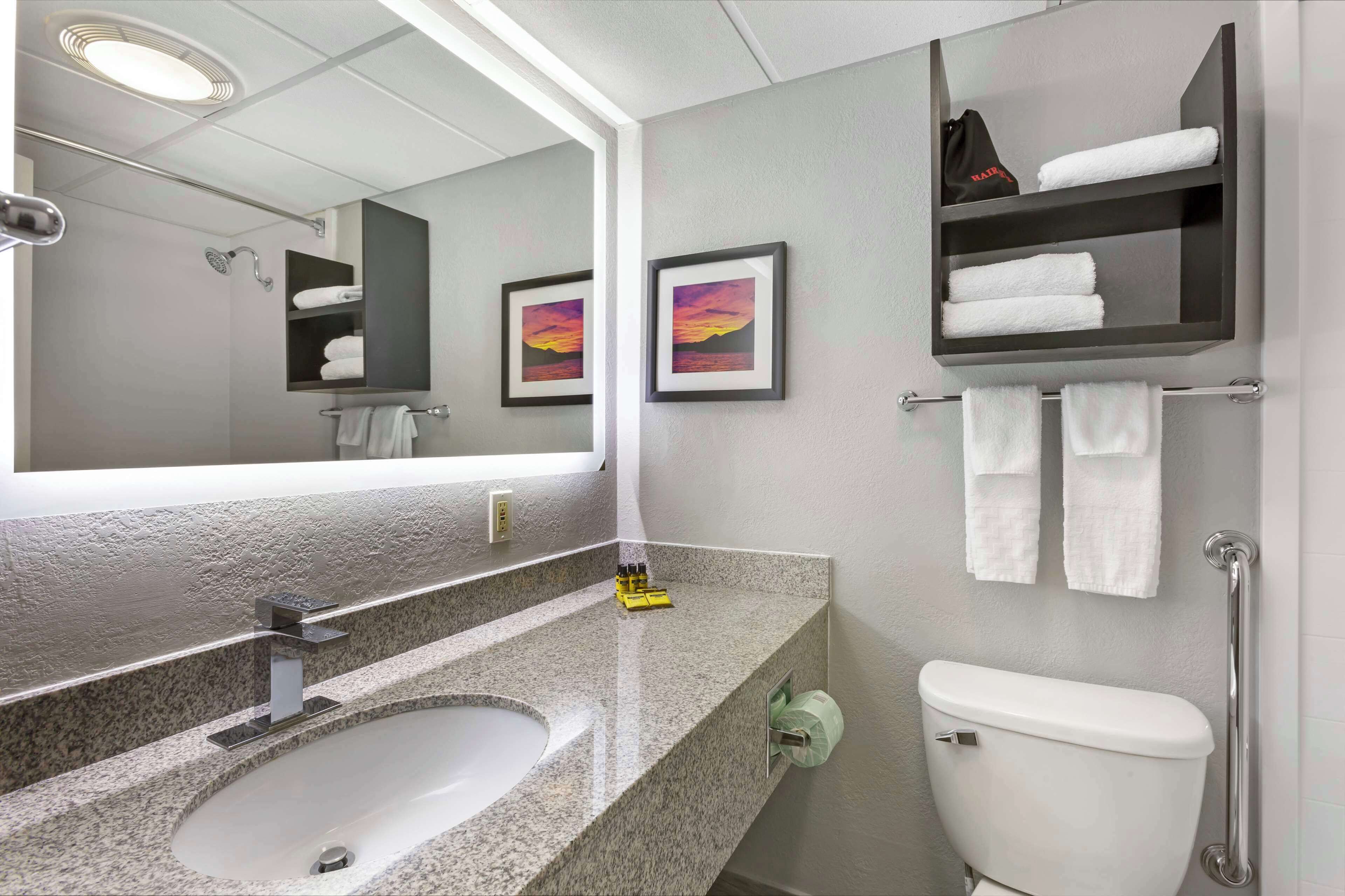 combined shower/bathtub, free toiletries, hair dryer, towels