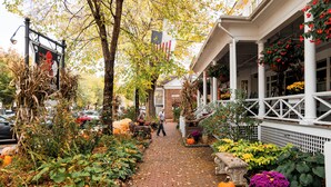 A brick pathway lined with autumn foliage and pumpkins, leading to a white building with a porch decorated with hanging flowers. - The Red Lion Inn (Stockbridge)