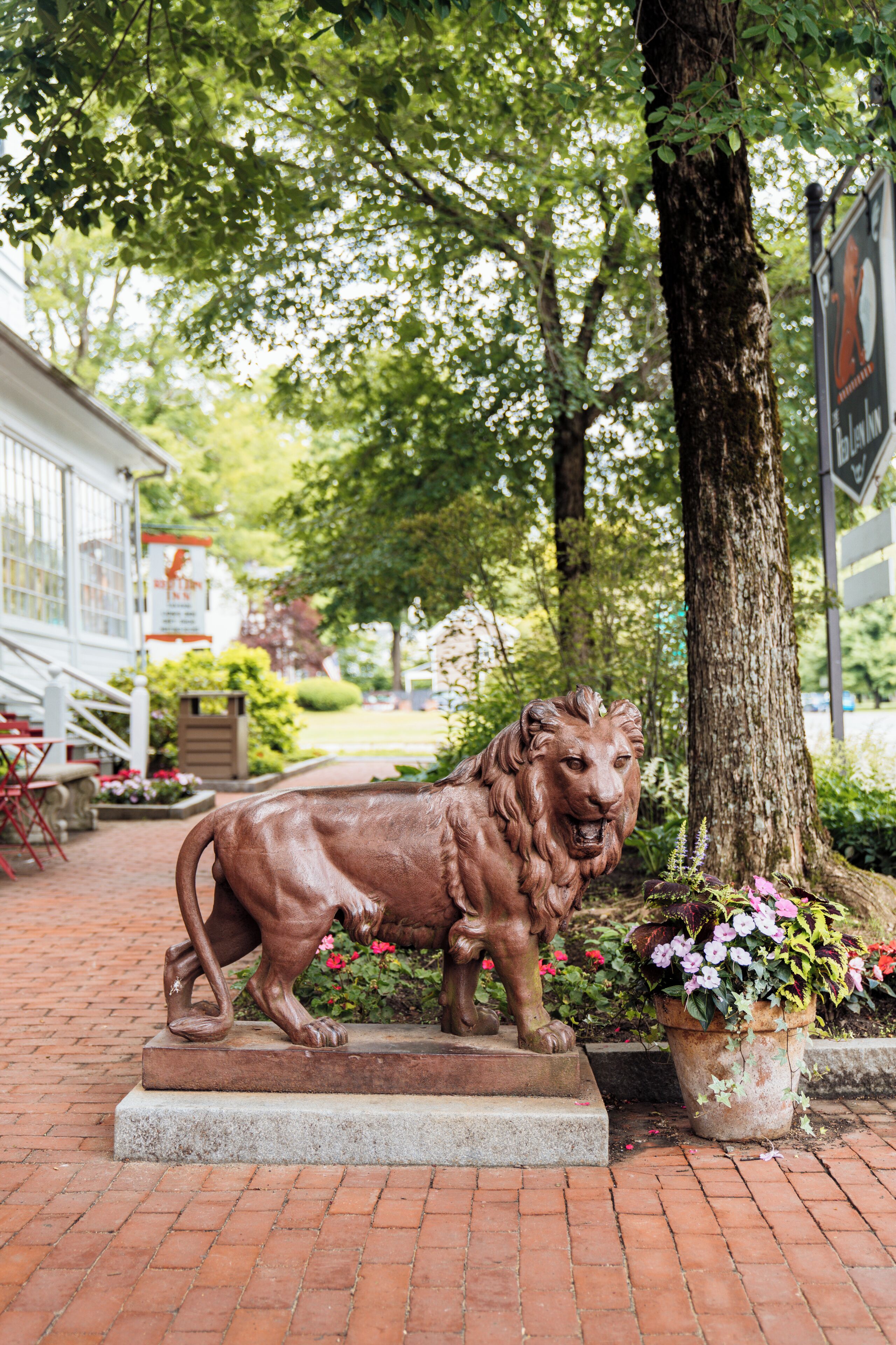 A lion statue on a pedestal in a garden area with a building in the background.
