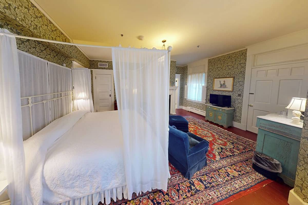 A bedroom with a four-poster bed, a large ornate rug, and a television in the corner.