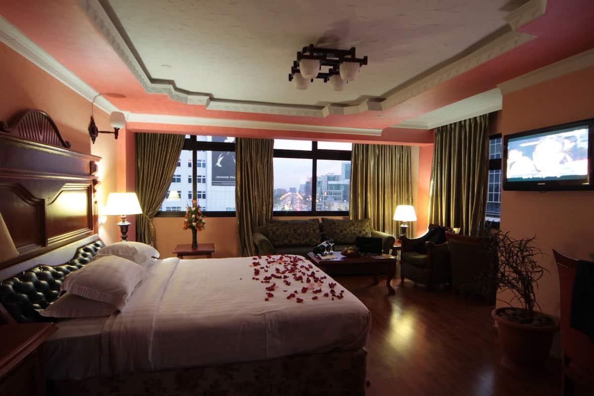 A hotel room with a large bed, a sofa, a television, and a view of the city through the windows.