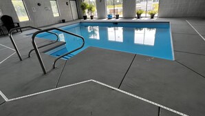 A swimming pool with a metal ladder, tiled walls, and potted plants. - Sky Lodge Inn & Suites (Delavan)