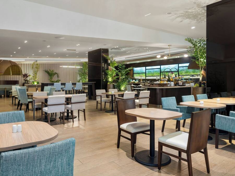 En modern restaurang med runda bord och stolar, en bardisk och stora fönster.