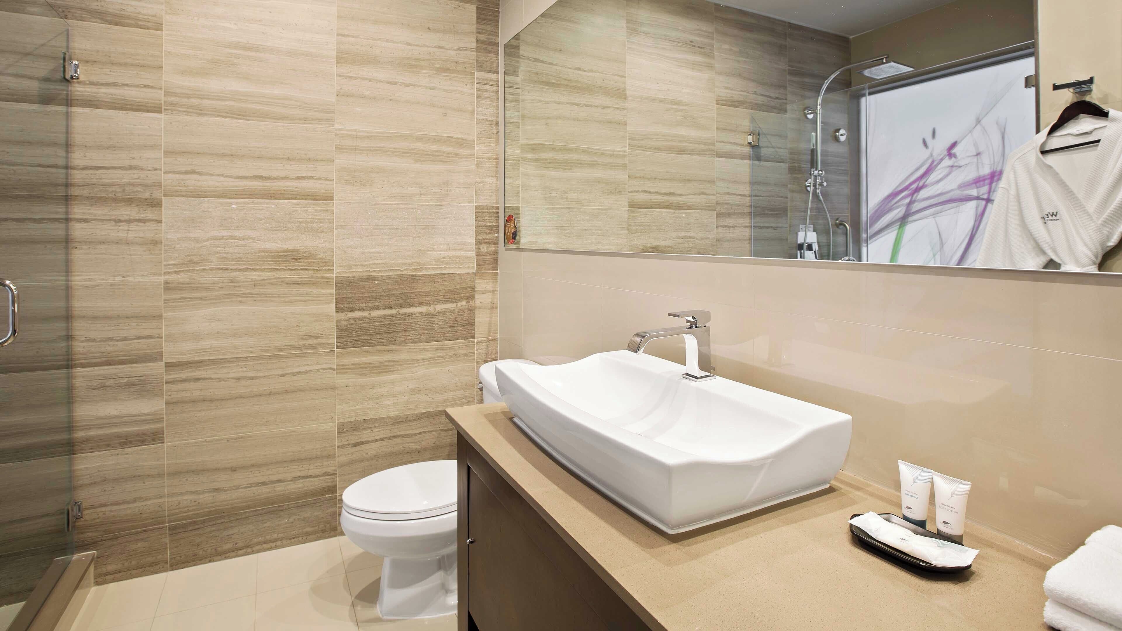 shower, rainfall showerhead, free toiletries, hair dryer