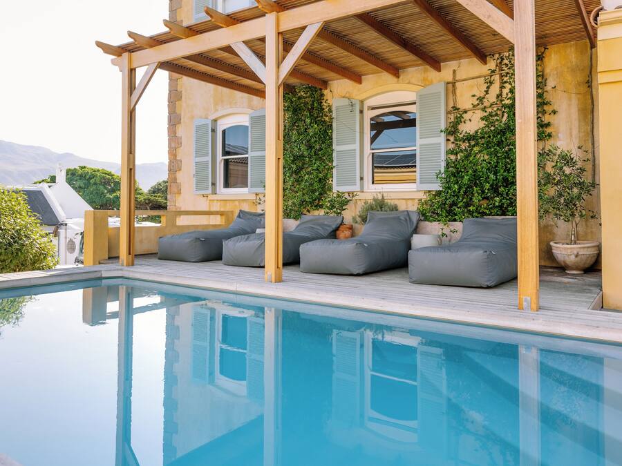 Outdoor pool, pool umbrellas, pool loungers
