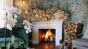A cozy living room with a fireplace, floral decorations, and a green sofa. - Auberge Burgundy Guest House (Hermanus)