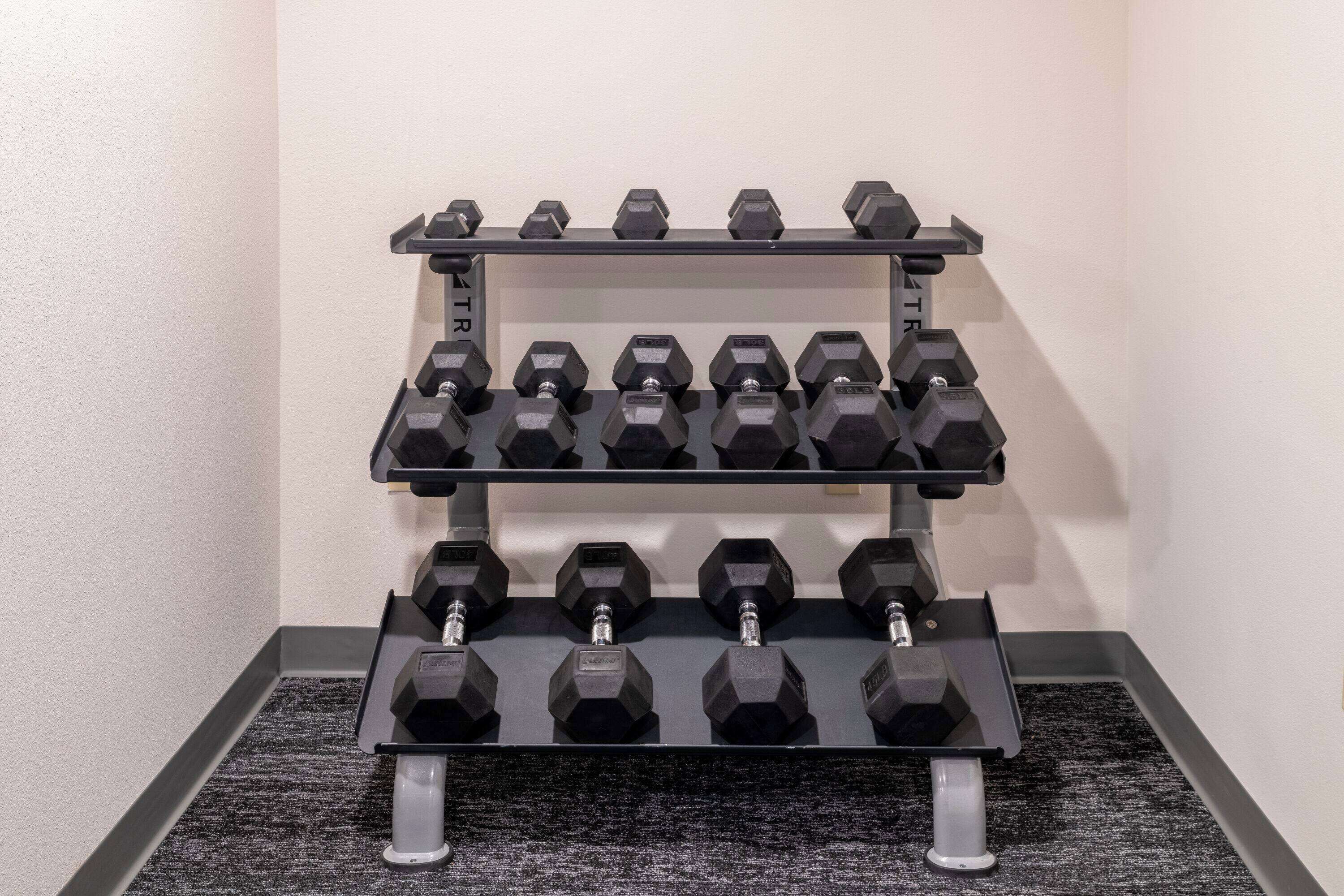 A three-tiered dumbbell rack with multiple weights on each level.