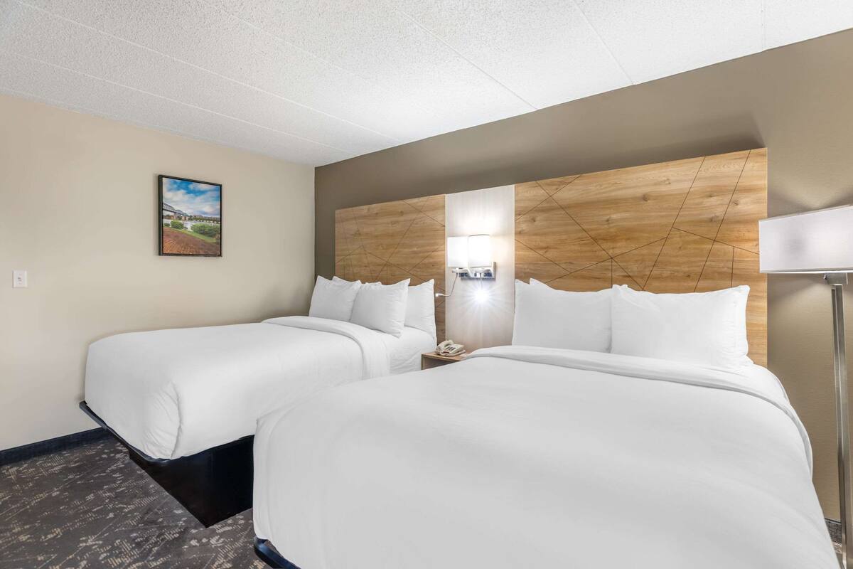 A hotel room with two beds, a wooden headboard, a nightstand with a lamp, and a framed picture on the wall.