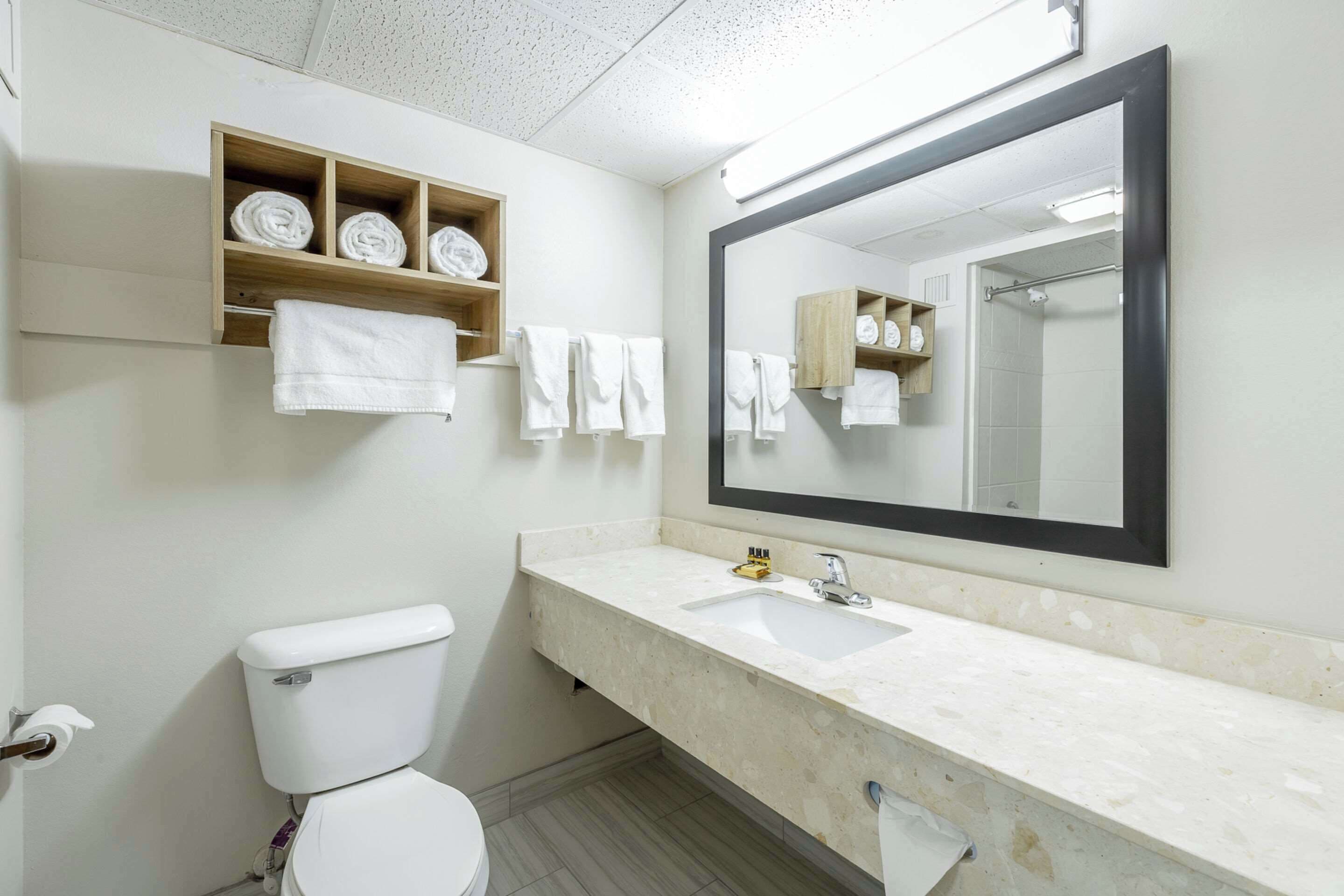 Een badkamer met een toilet, een wastafel, een spiegel en planken met handdoeken.