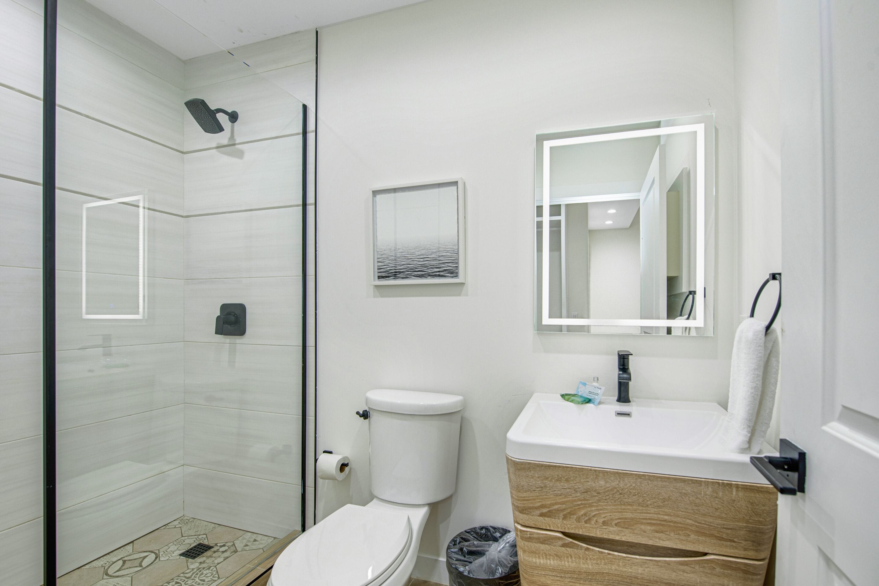 A modern bathroom with a glass-enclosed shower, a toilet, and a sink with a mirror above it.