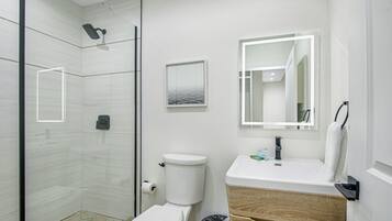 A modern bathroom with a glass-enclosed shower, a toilet, and a sink with a mirror above it.