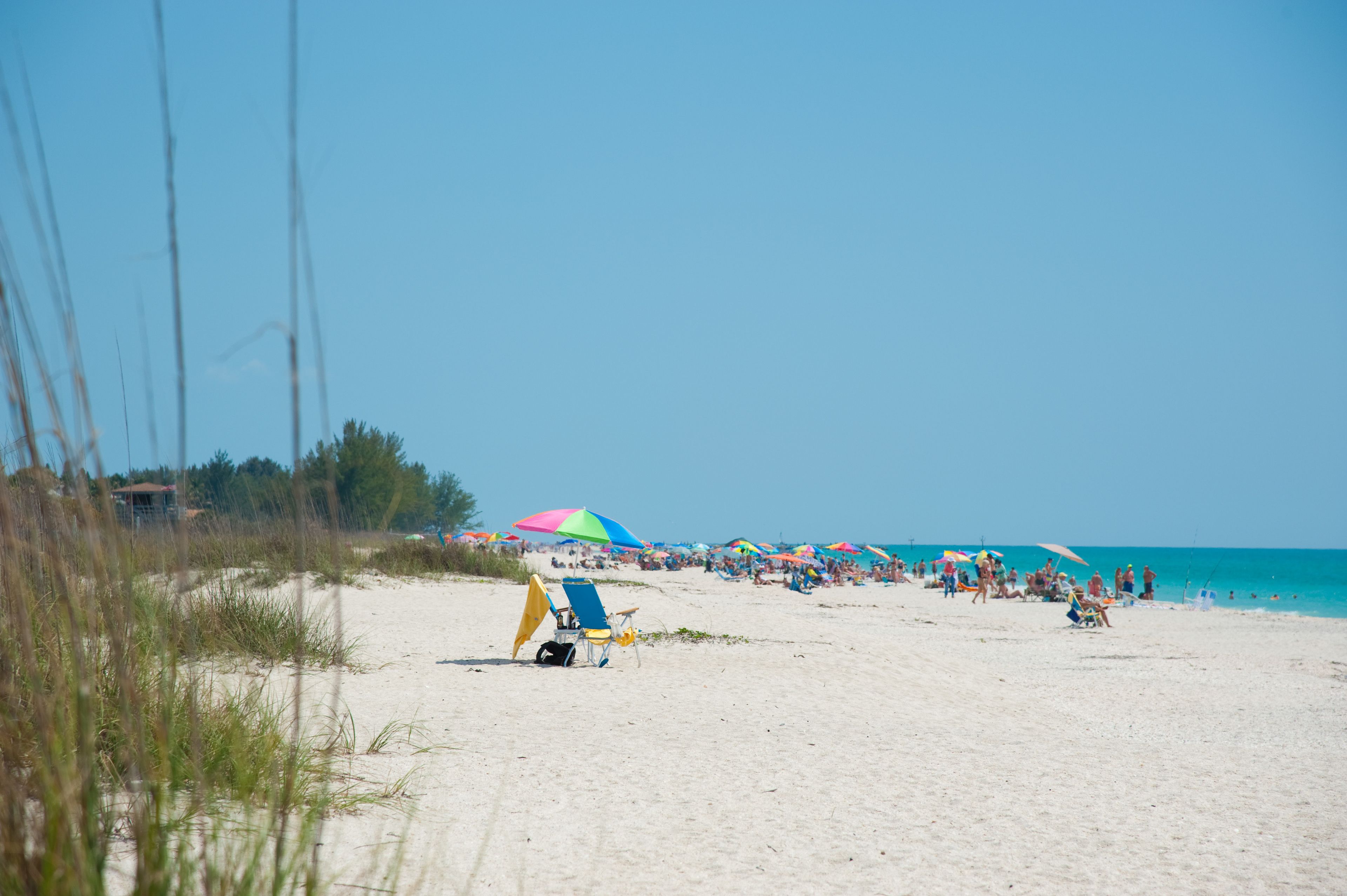 A beach with people, umbrellas, and beach chairs.
