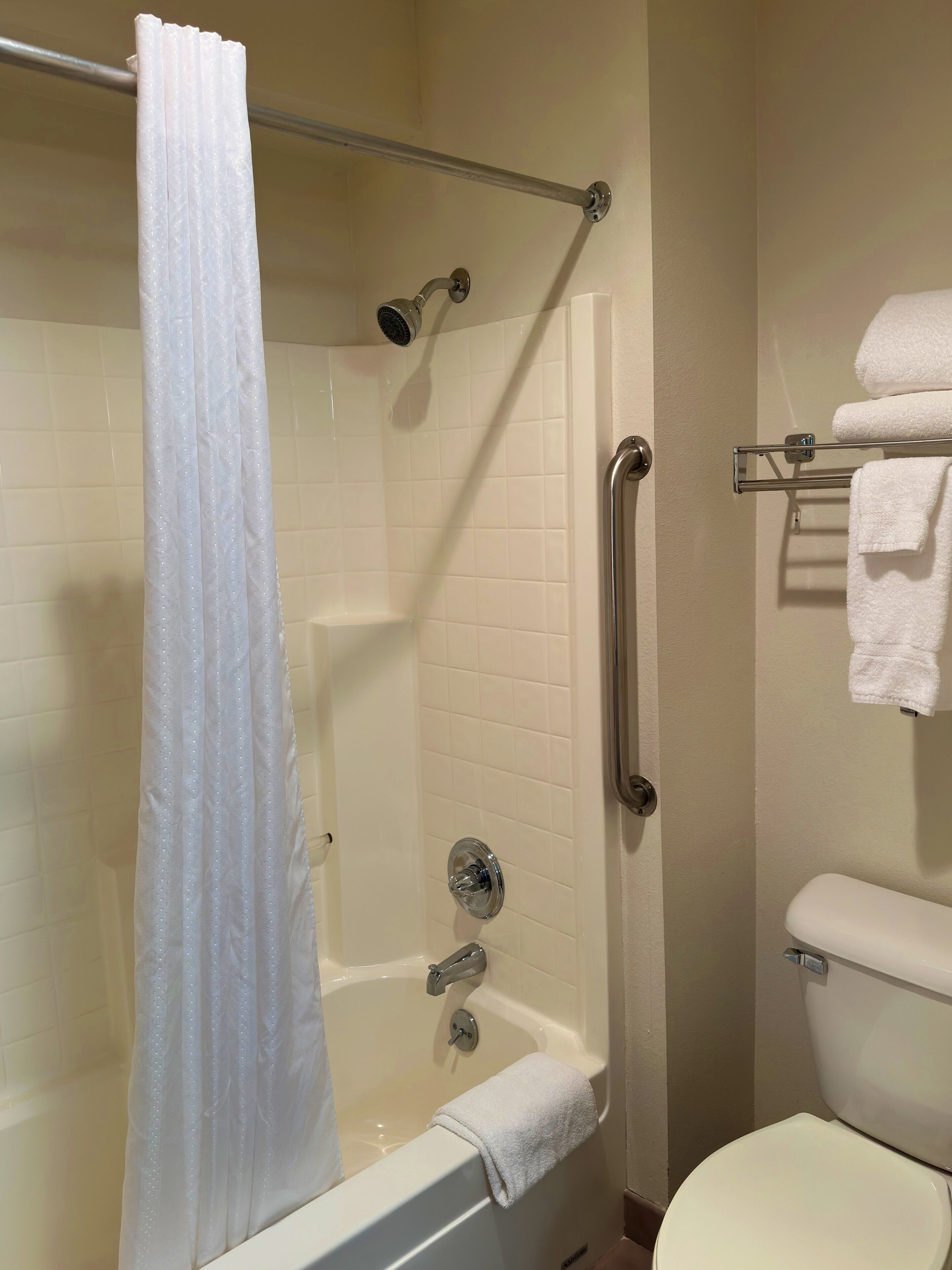 A bathroom with a bathtub, shower, and toilet.