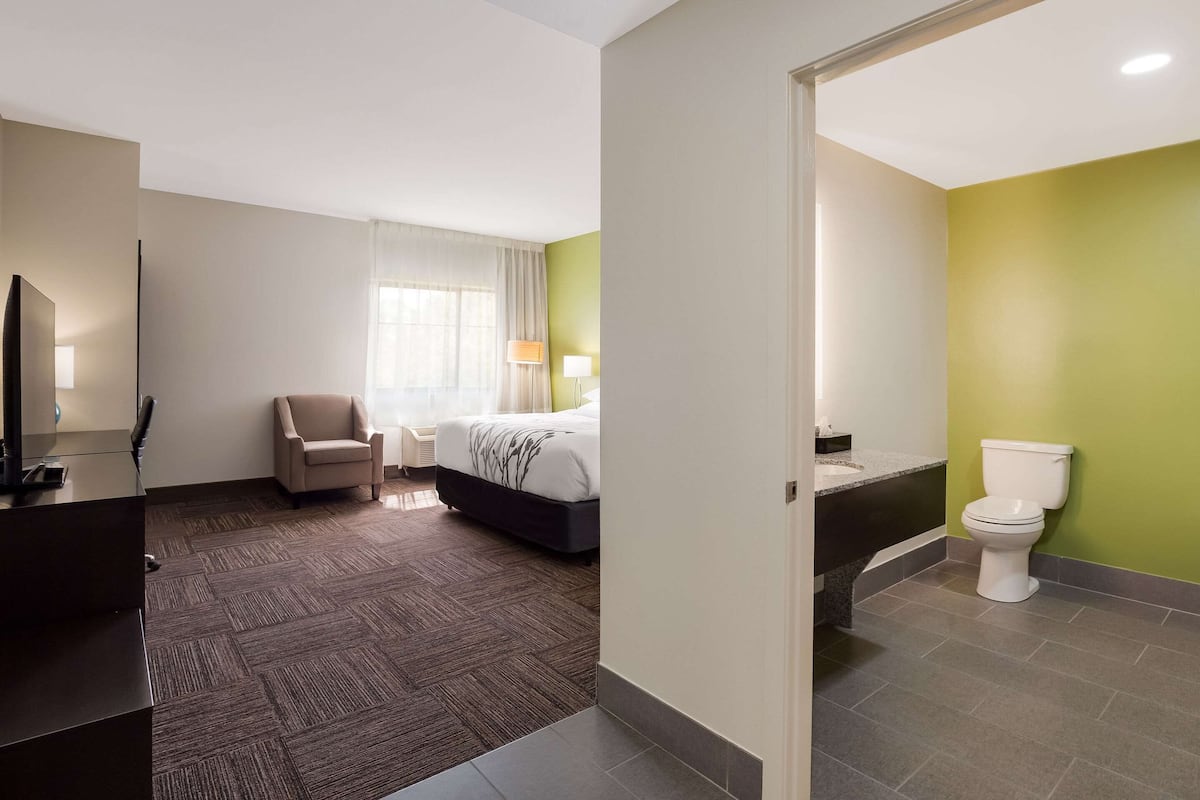Habitación de hotel con cama, una silla, un escritorio con computadora y un baño con inodoro y lavamanos.