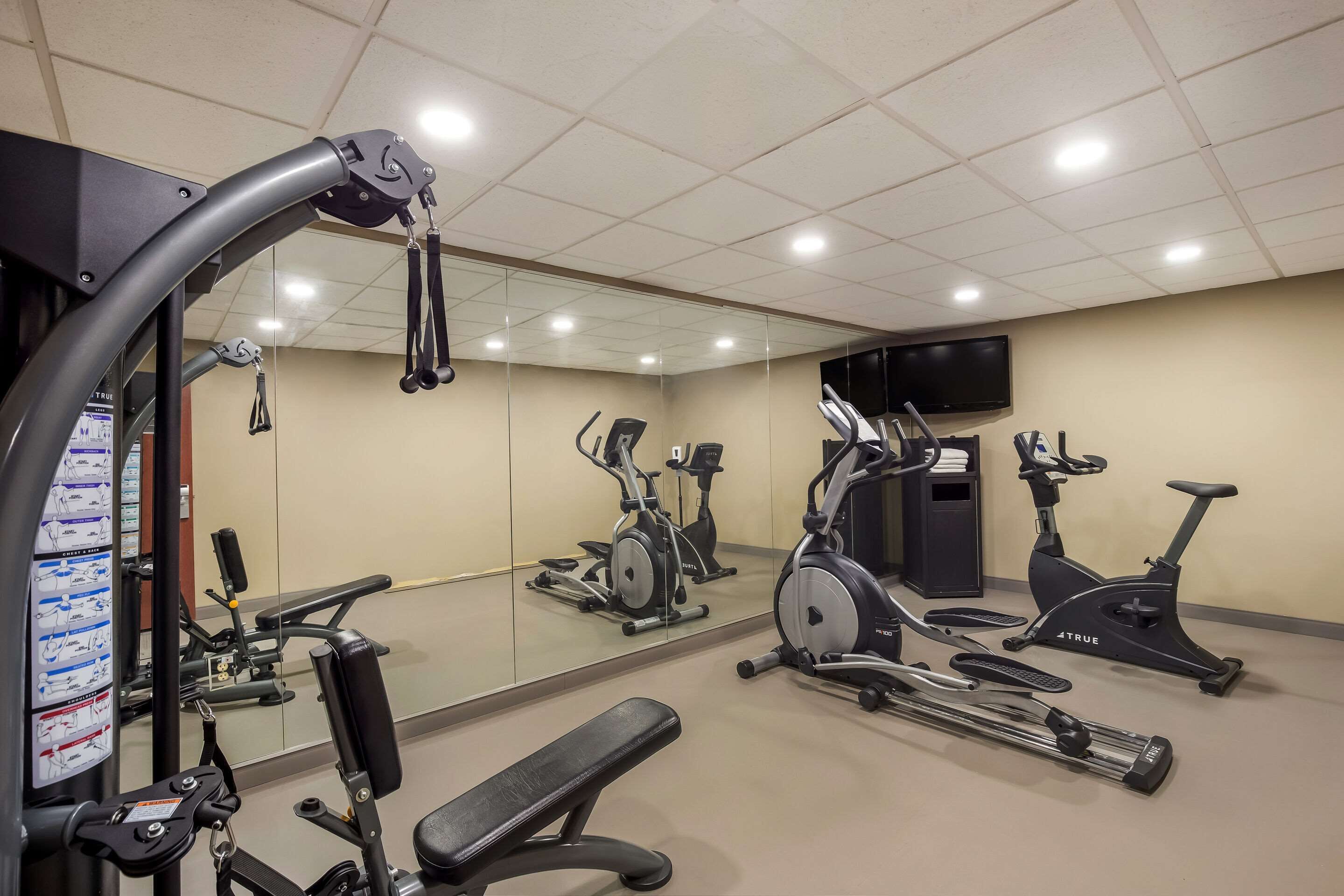 Un gimnasio con diversos equipos de ejercicio, incluyendo cintas de correr, bicicletas estáticas y máquinas de pesas.