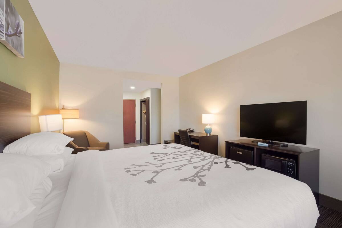 Una habitación de hotel con una cama grande, un escritorio con computadora, televisión y una lámpara.