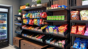 A snack aisle with various packaged snacks and a refrigerated section on the left. - Hampton Inn & Suites Prattville (Prattville)