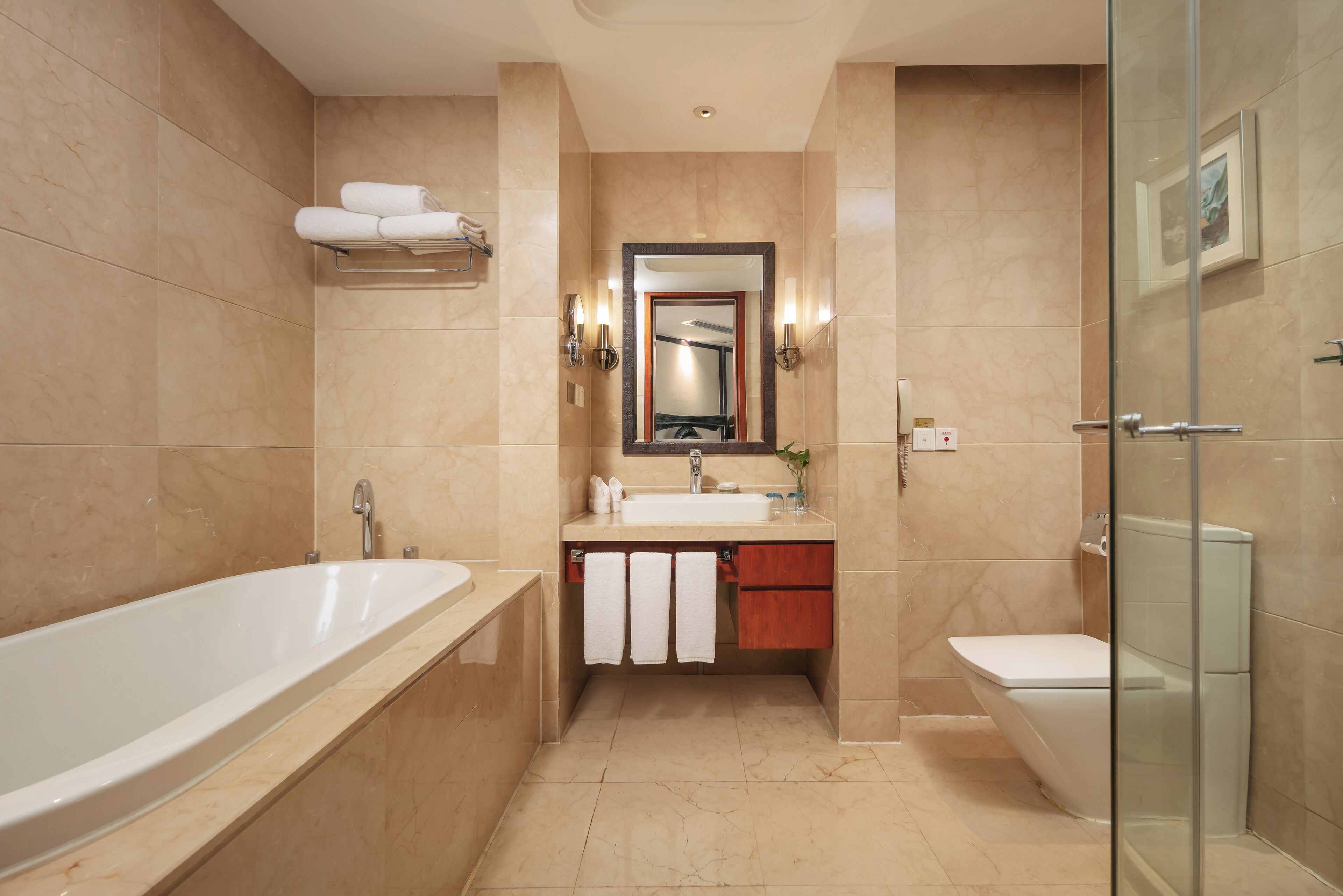 shower, free toiletries, hair dryer, bathrobes