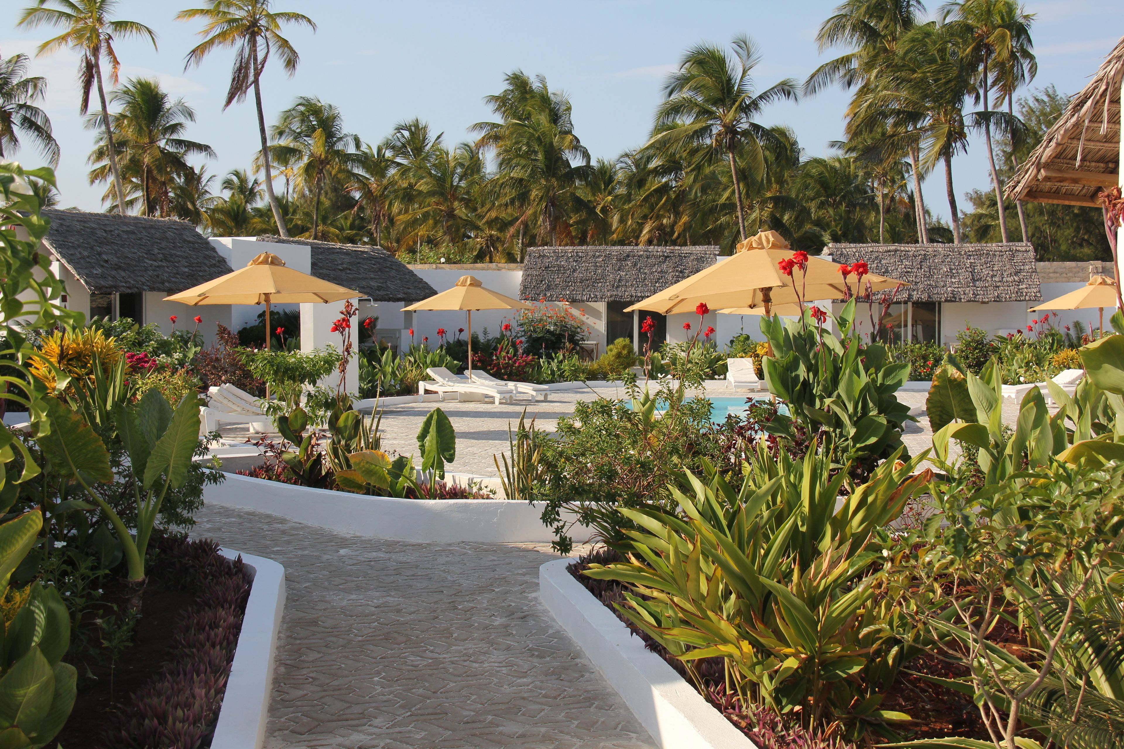 A resort with thatched-roof buildings, outdoor seating, and a pool area surrounded by tropical plants.