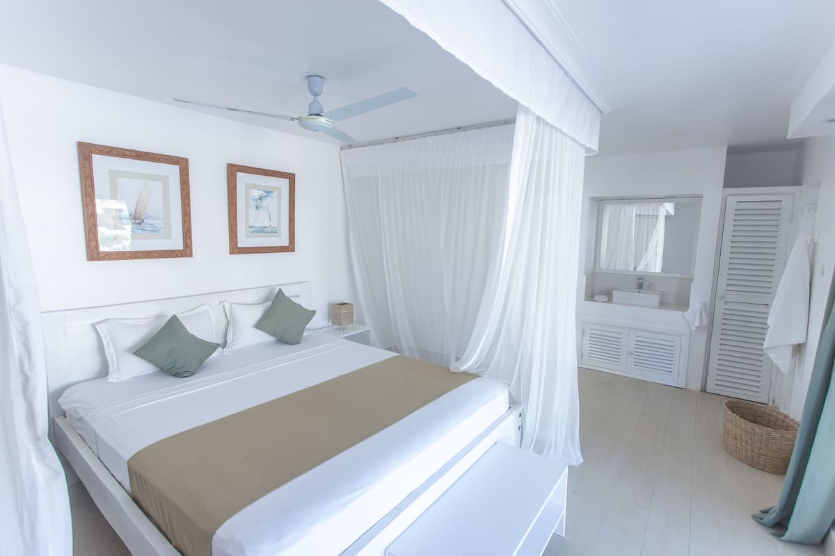 A bedroom with a bed, a ceiling fan, a bathroom with a sink and mirror, and a window with curtains.