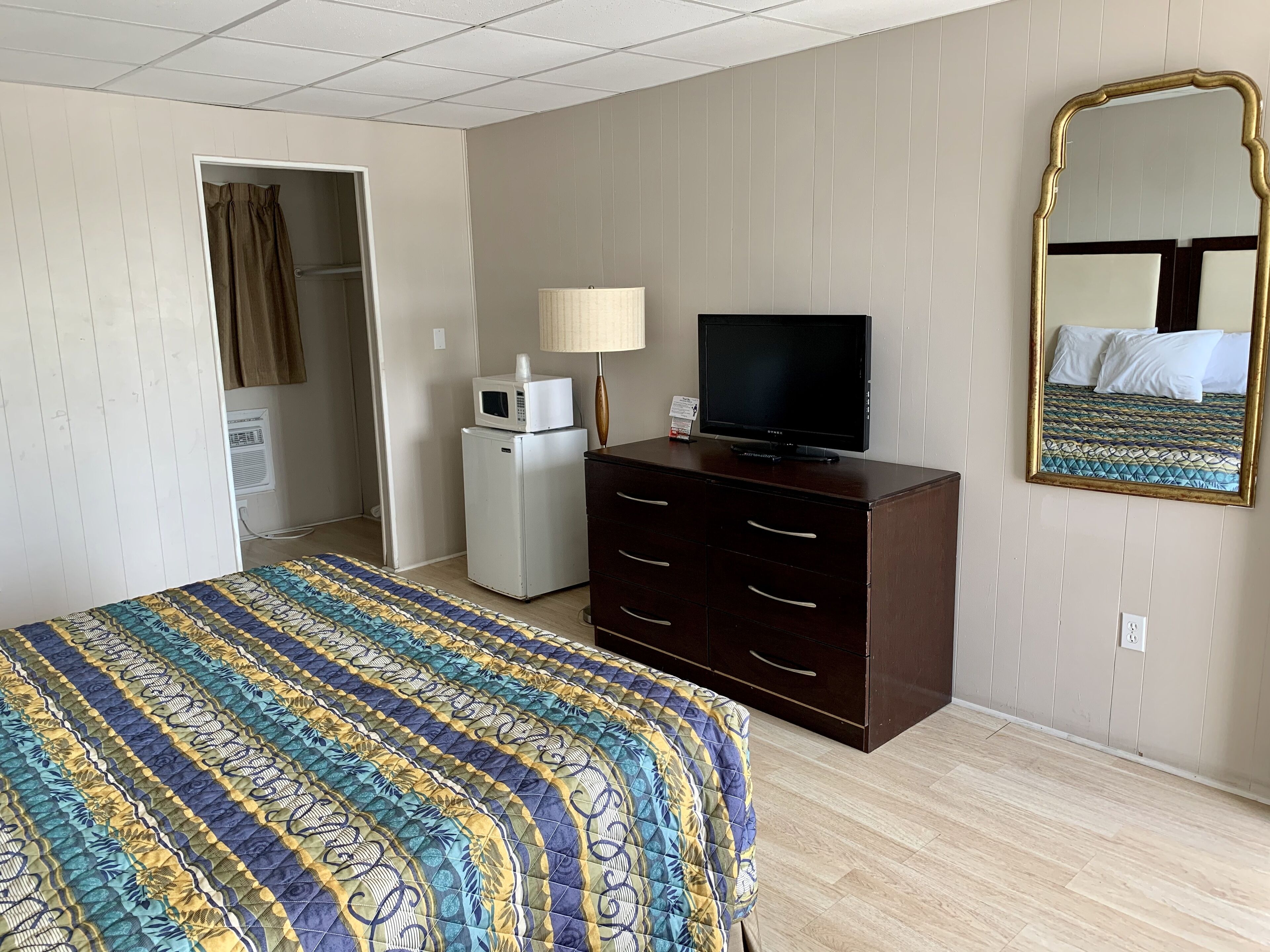 Quarto de hotel com cama, televisão, mini-geladeira, cômoda e espelho.