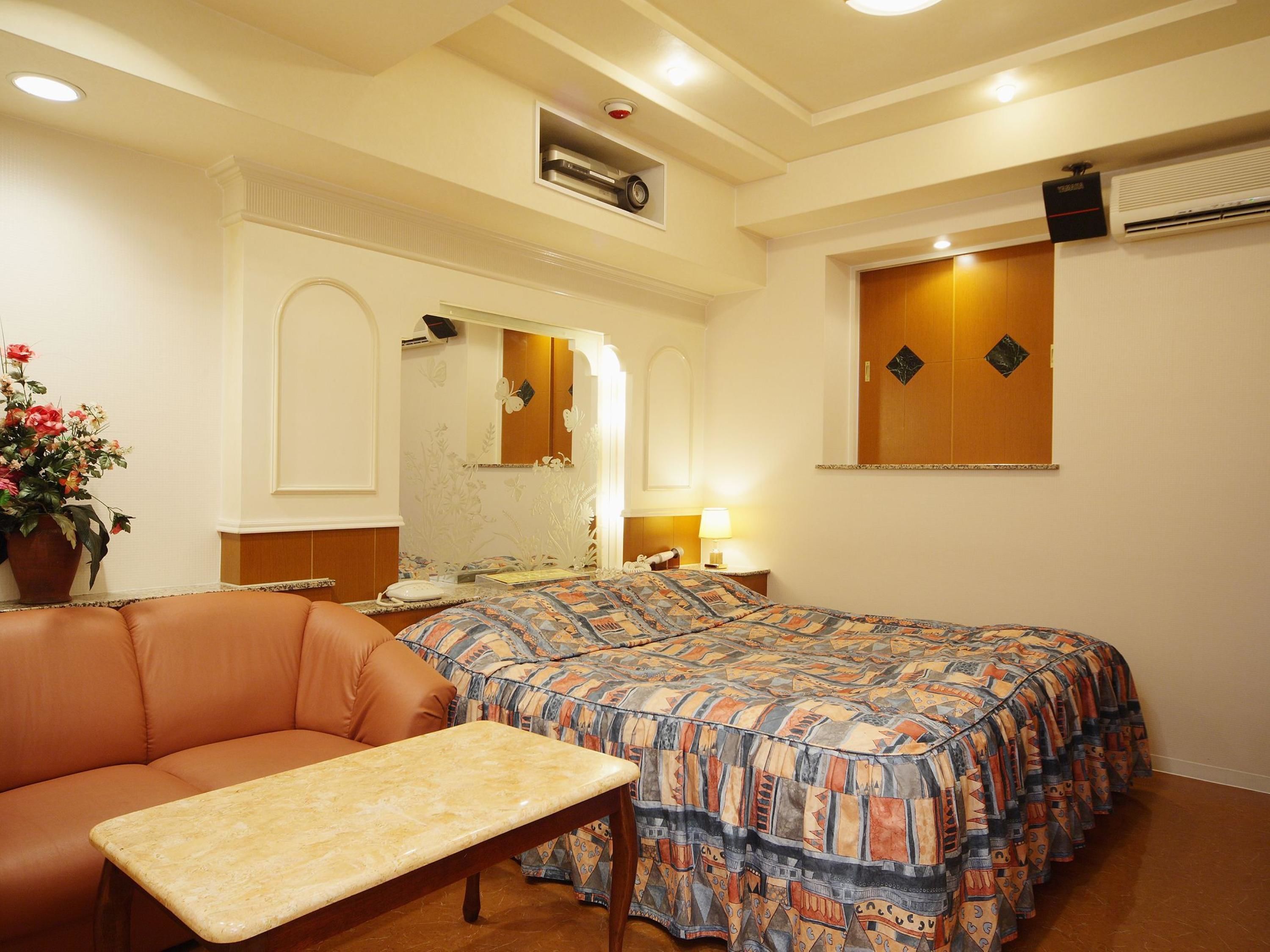 A hotel room with a bed, a small table, a sofa, and a potted plant.