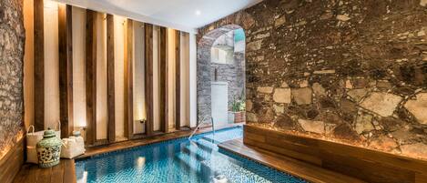 Indoor pool, open 9 AM to 9 PM, sun loungers