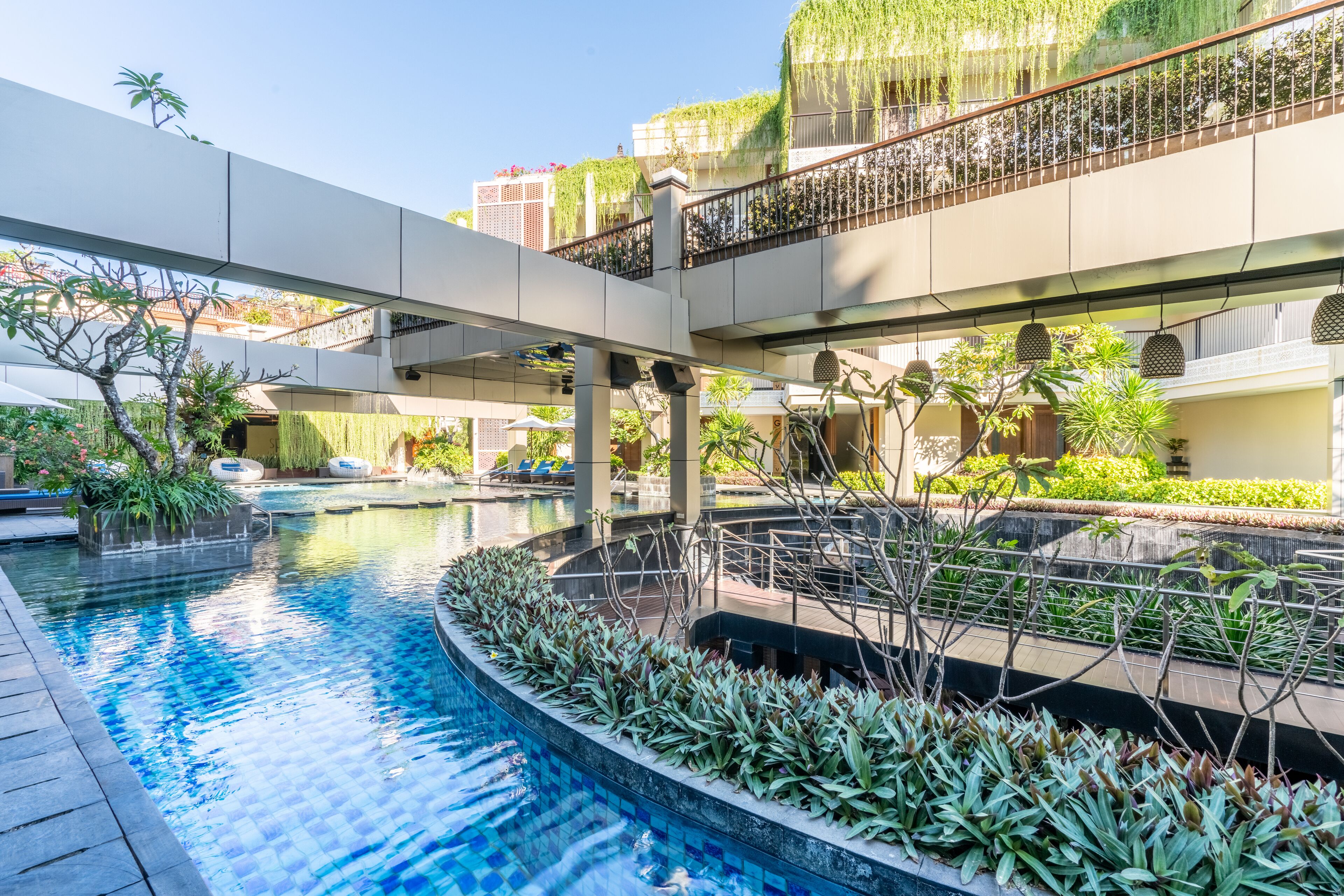 outdoor pool, pool loungers