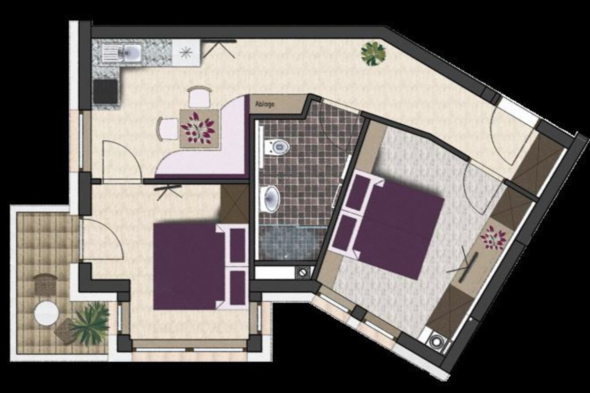 Distribución de una habitación de hotel con baño, zona de estar con sofá y mesa, y un pequeño balcón.