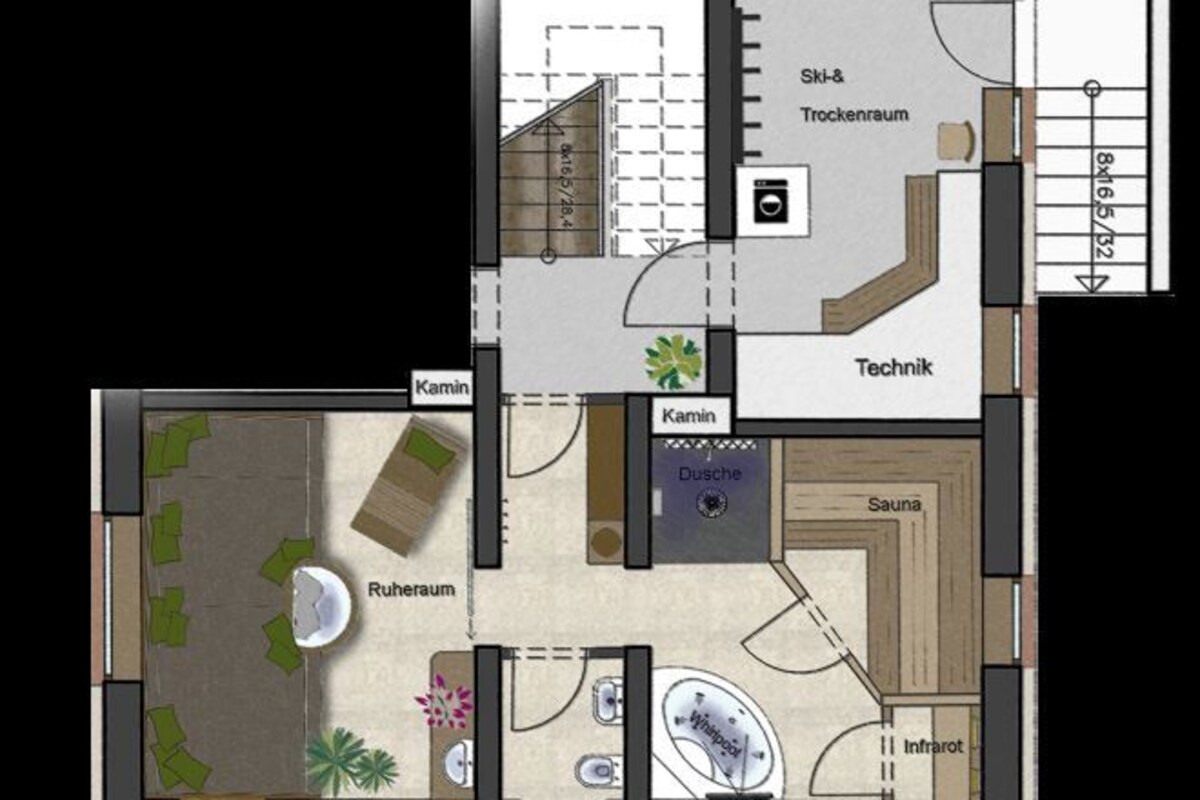 Distribución de un hotel que incluye cocina, comedor, sauna y gimnasio.