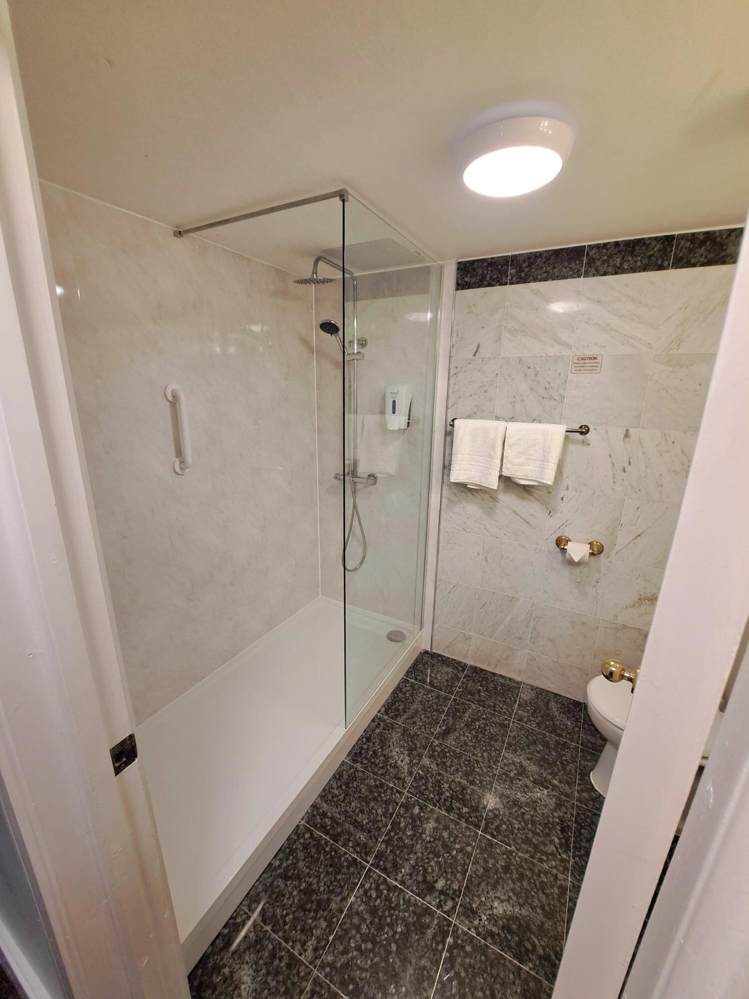A modern bathroom with a glass-enclosed shower, a toilet, and a sink.