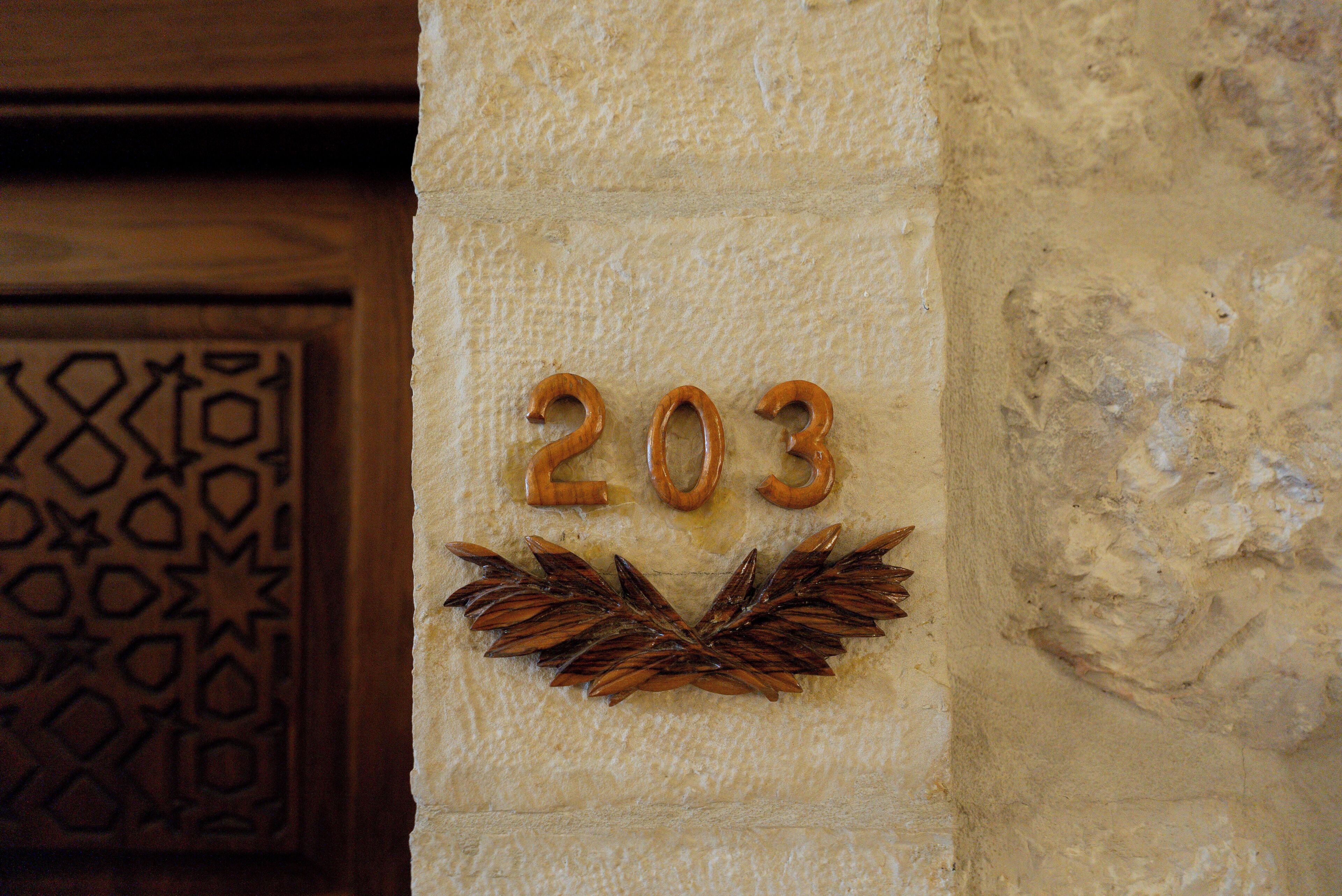 A wall with the number 203 carved into it, surrounded by a decorative leaf pattern.