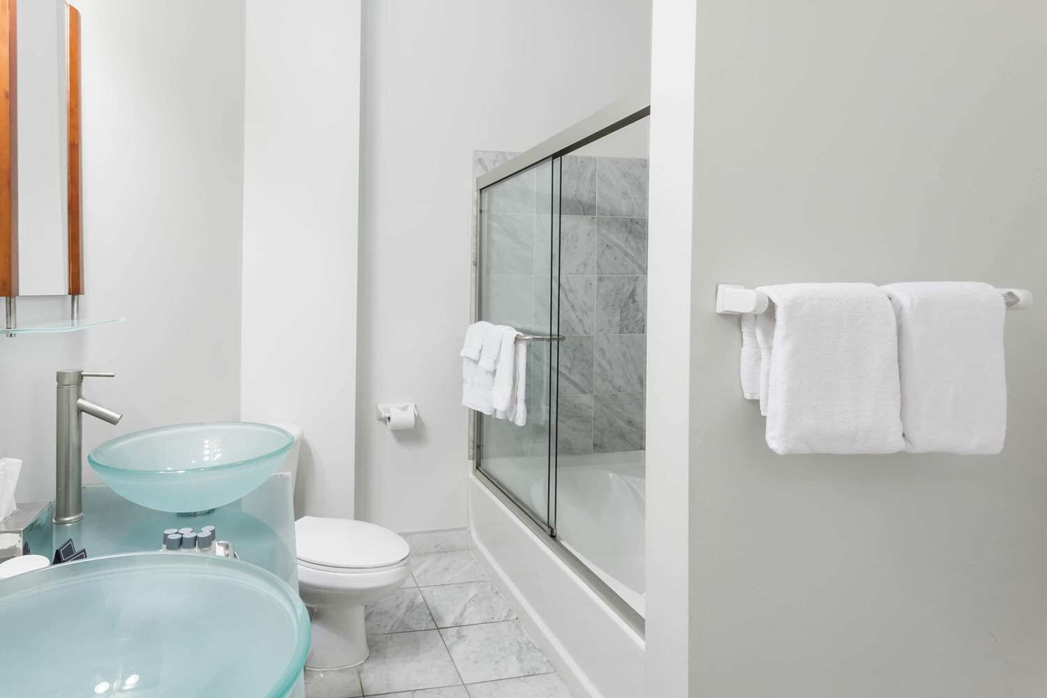 Combined shower/tub, free toiletries, hair dryer, towels