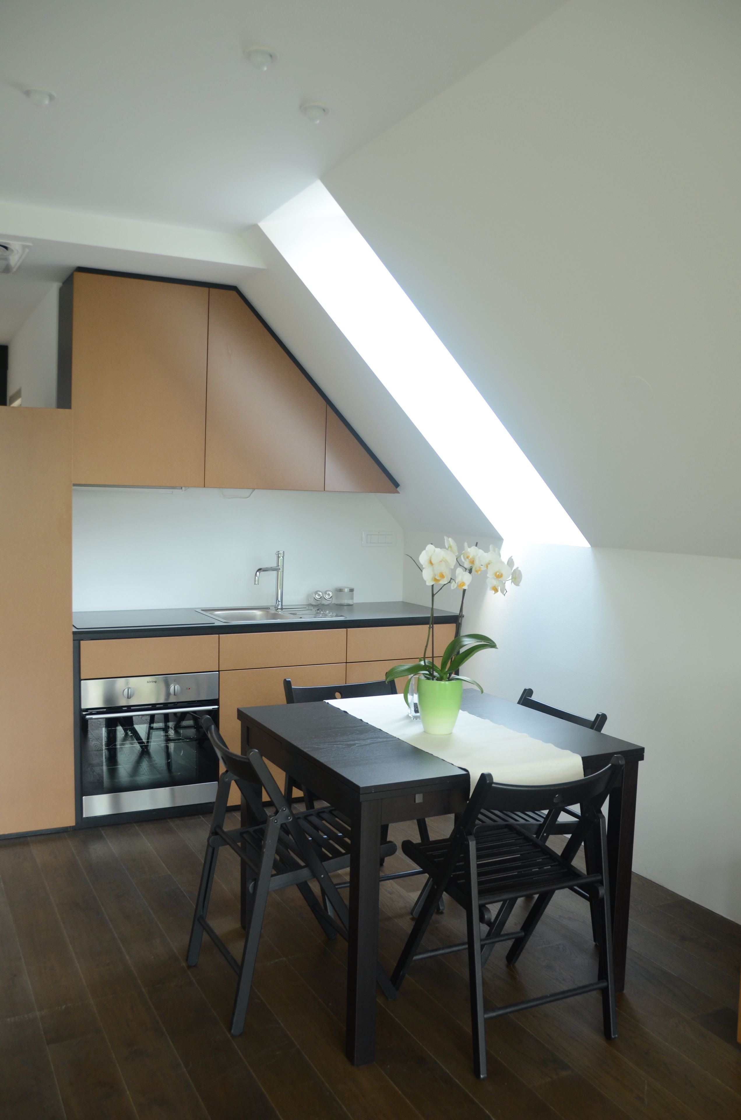 Una cocina moderna con tragaluz, una mesa de comedor con sillas y una orquídea en maceta.