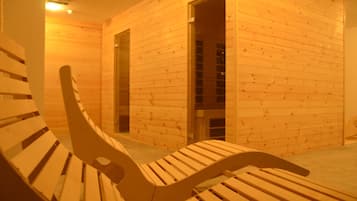 A wooden interior with a bench and a door.
