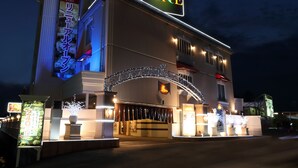 A hotel with a prominent 'HOTEL FINE' sign, a large illuminated signboard, and a well-lit entrance with decorative lights. - Fine Tsu (Tsu)