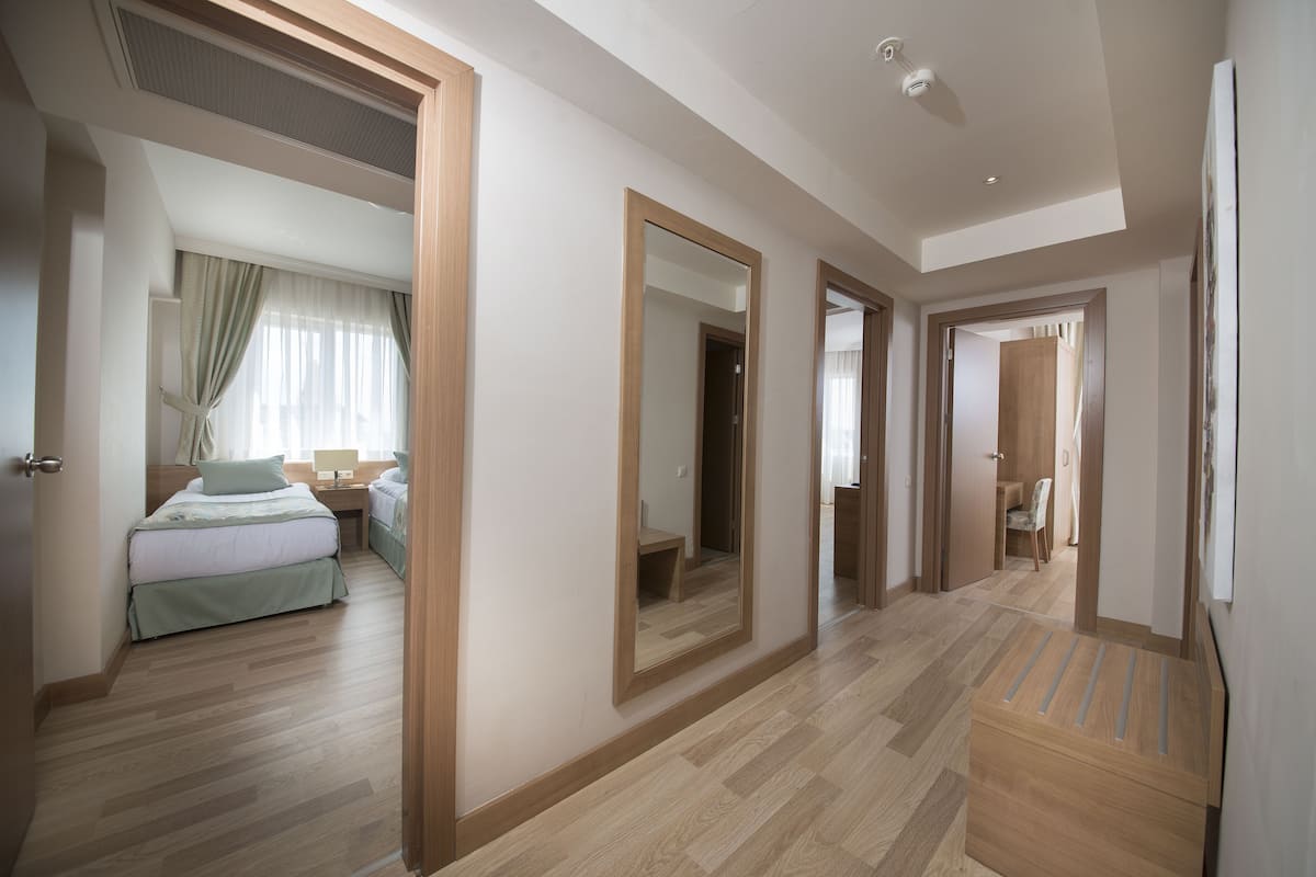 A hotel room with a bed, a desk, and a mirror.