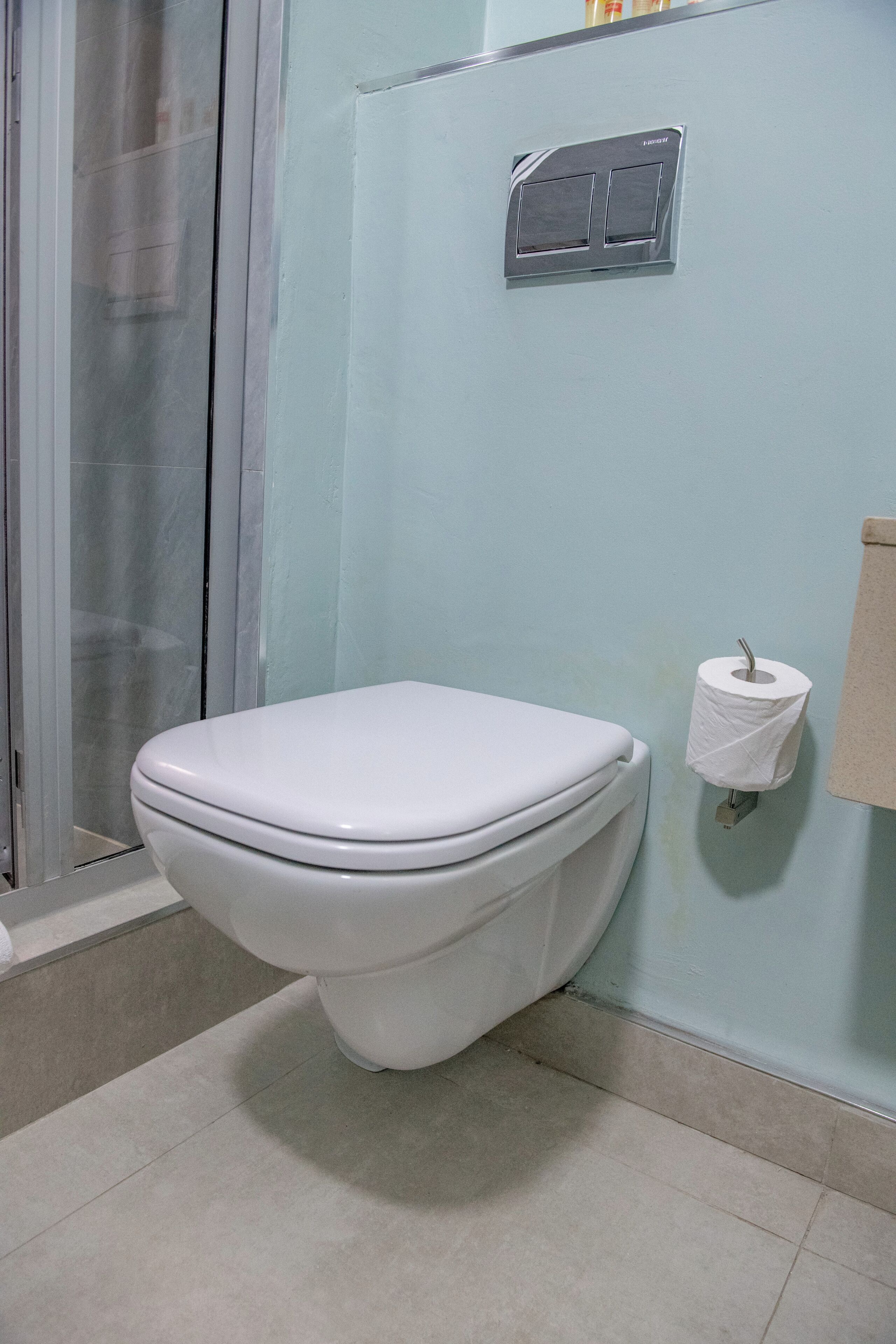 Ein Badezimmer mit Toilette, Duschbereich und Halterung für Toilettenpapier an der Wand.