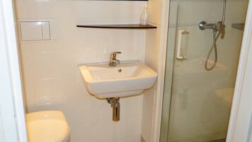 A bathroom with a white sink, a toilet, and a glass-enclosed shower.
