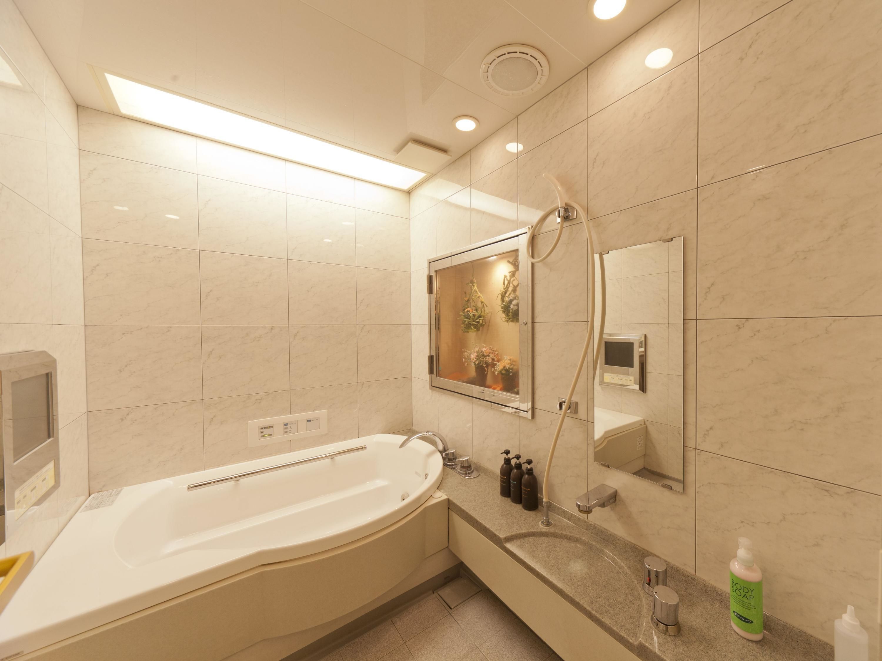 separate bathtub and shower, jetted bath, free toiletries, hair dryer