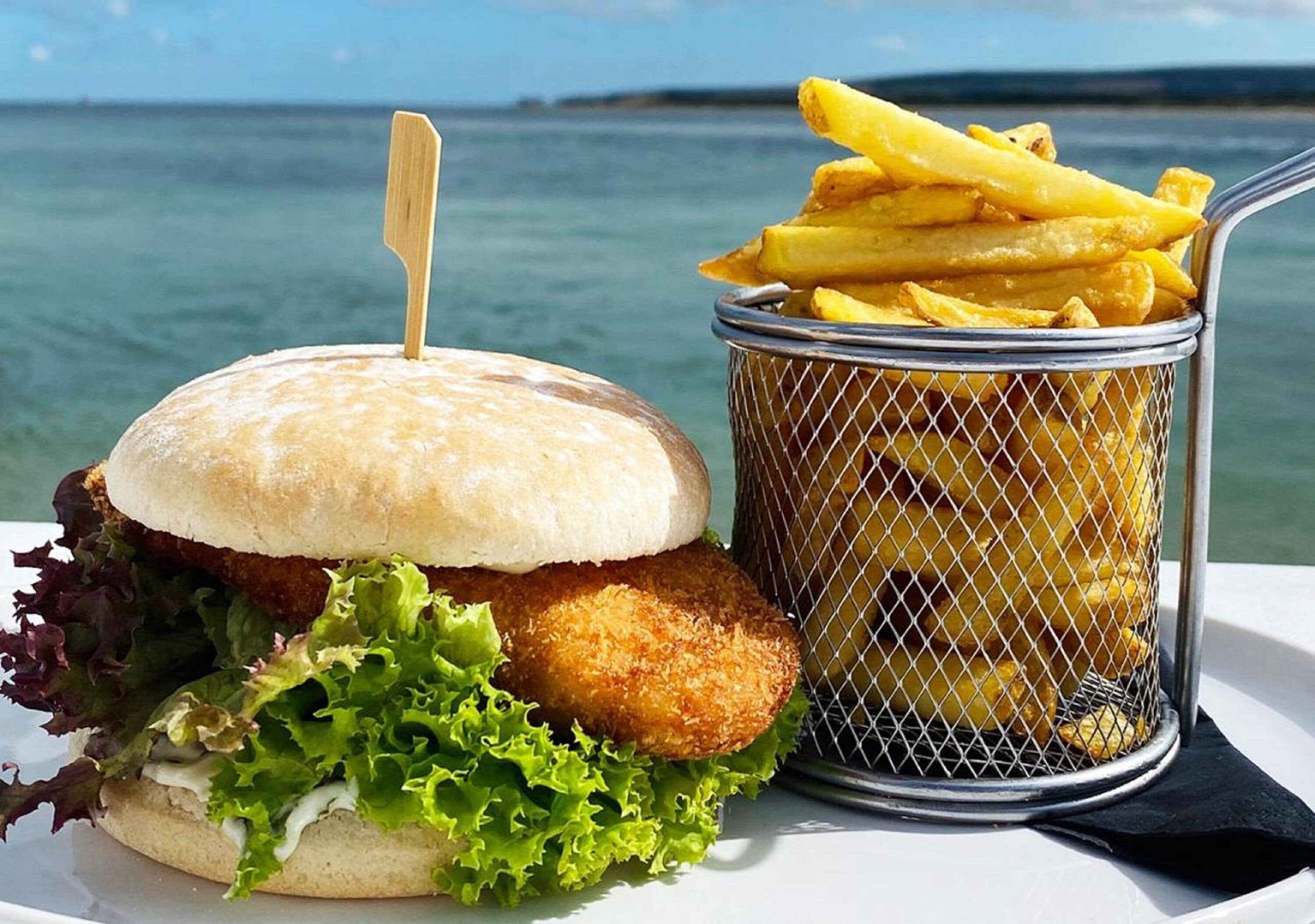 Ein Burger mit Brötchen, Salat und einer gebratenen Patty, dazu eine Korb Pommes.