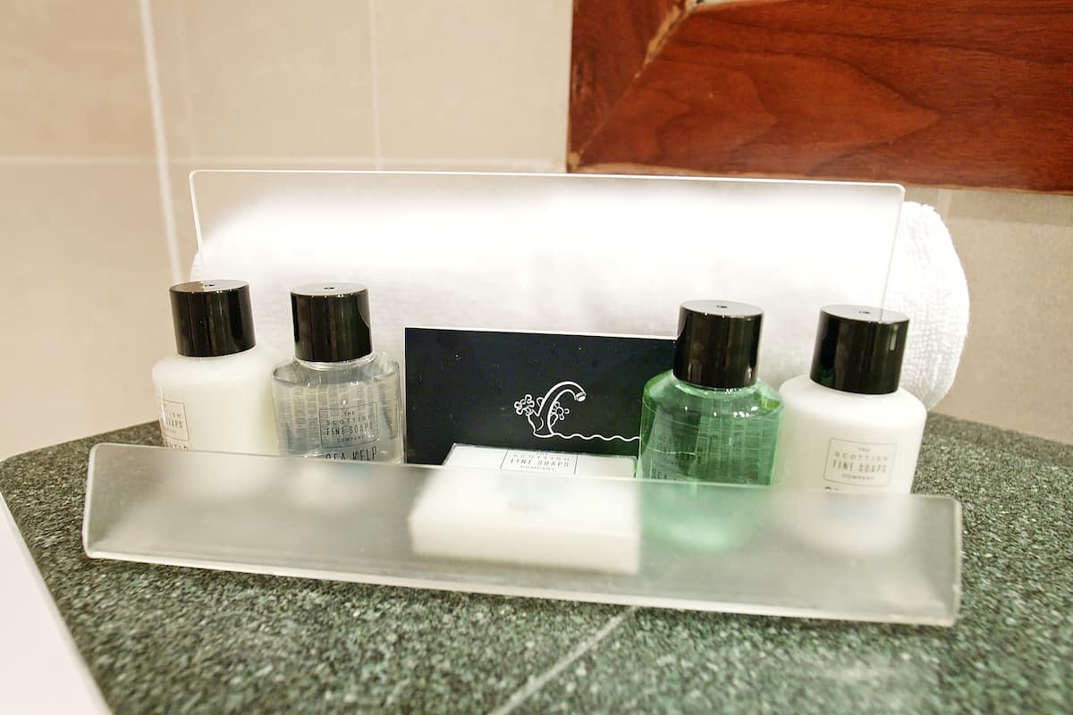 combined shower/bathtub, designer toiletries, hair dryer, towels